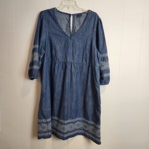 JJill 100% Cotton Denim Long sleeve Dress with Embroidered Detailing